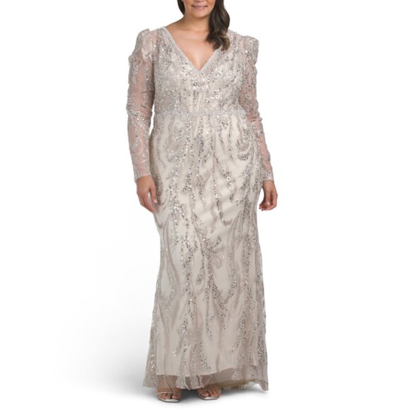 MAC DUGGAL Mocha Long Sleeve Embellished Gown - Picture 1 of 2